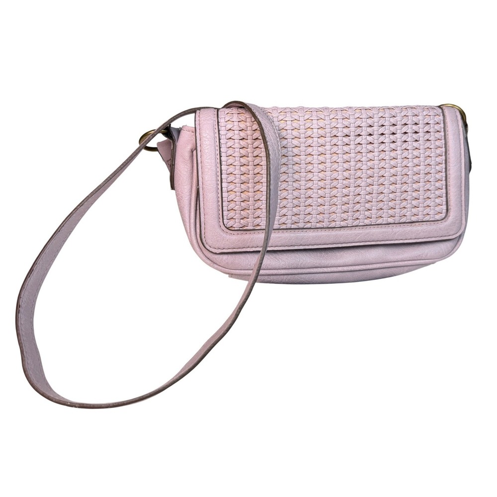 Lilac Woven Flap Crossbody Bag Textured Faux Leather Brass Hardware - Picture 1 of 8